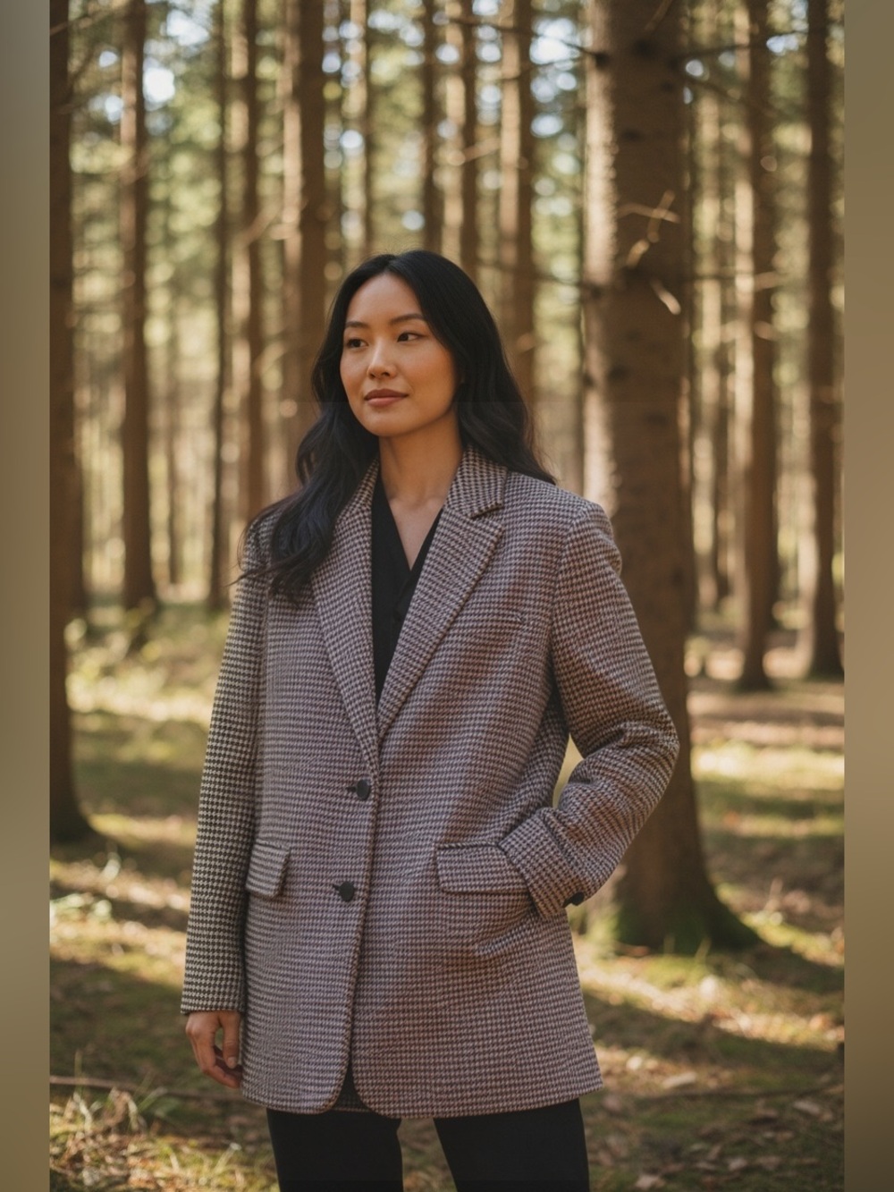 Zara Women's Houndstooth Blazer Jacket - Cream & Black